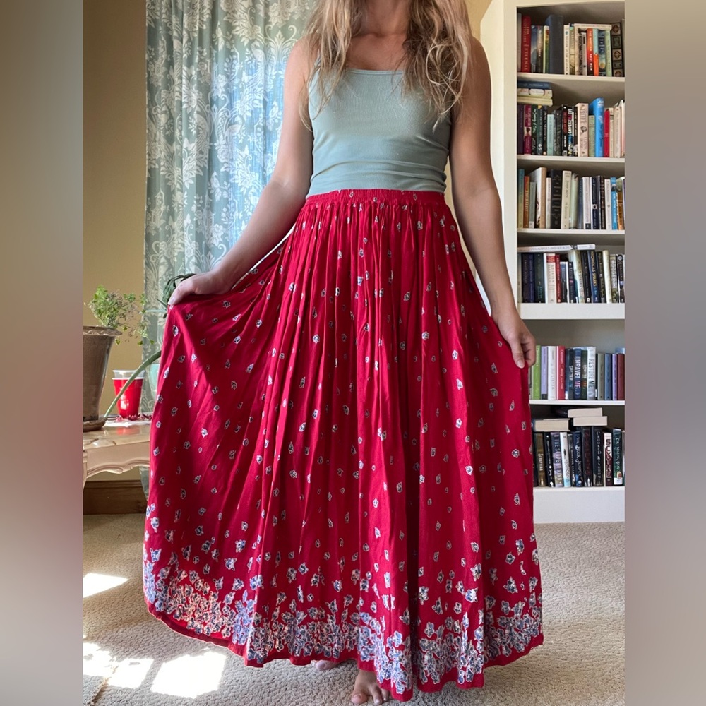 Vintage hippie red rayon maxi full skirt